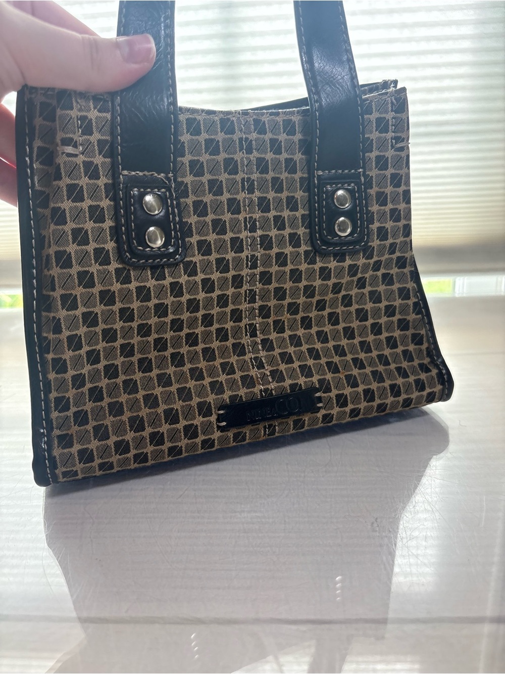 Nine & Co. Brown Patterned Mini Tote with Black Trim